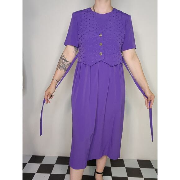 Vtg 80s 90s Leslie Fay NWT Purple Vest Button Up Coquette Tie in Back Dress - Picture 7 of 9